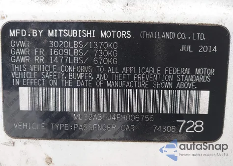 2015 Mitsubishi Mirage De/Rf from USA, damaged, VIN ML32A3HJ4FH006756